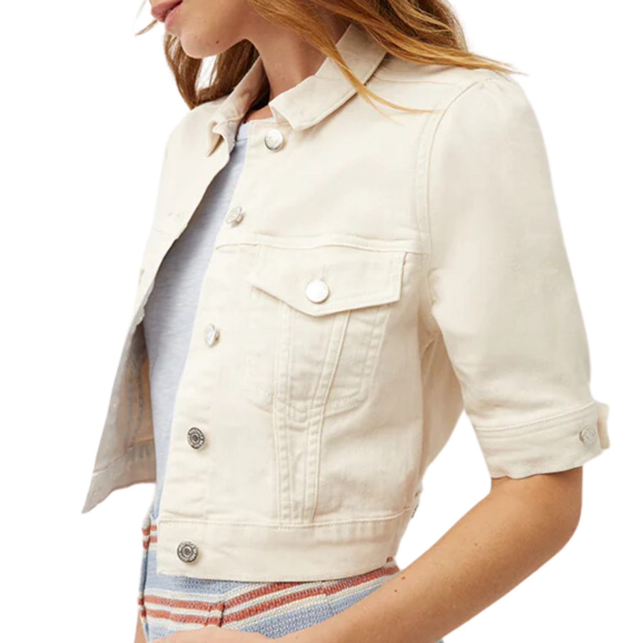 Veronica Beard Raina Short-Sleeved Denim Jacket in Ecru